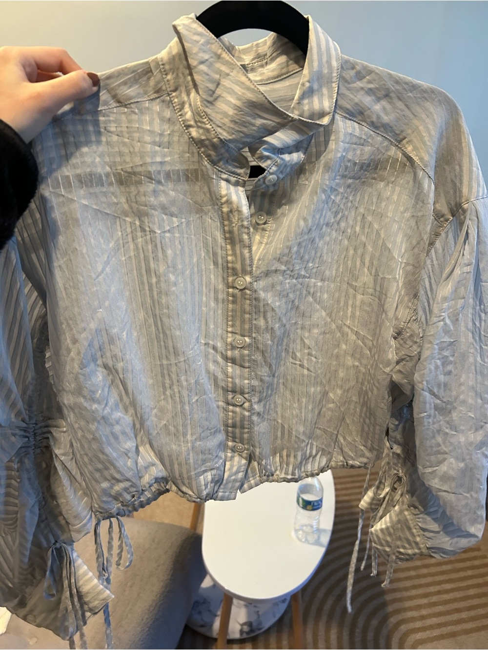 Lightweight Striped Drawstring Crop Button-Up